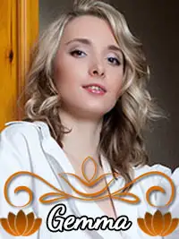 Woman with long blonde hair and white shirt, floral design