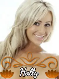 Smiling woman with long blonde hair, floral design below