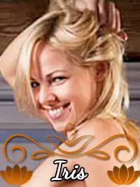 Smiling woman with blonde hair, hand in hair, over decorative floral design