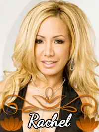 Blonde woman named Rachel with wavy hair and dangling earrings