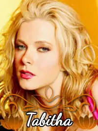 Blonde woman with stylized name 'Tabitha' in orange background