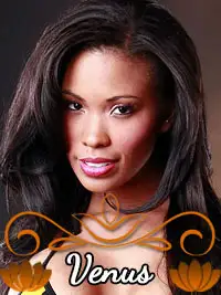 Portrait of a woman with long dark hair labeled Venus